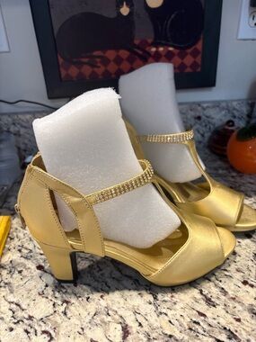 easy street Gold Satin T-Strap Heels with Crystal Band